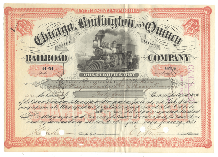 Historical stock certificate for Chicago, Burlington and Quincy Railroad Company from 1885