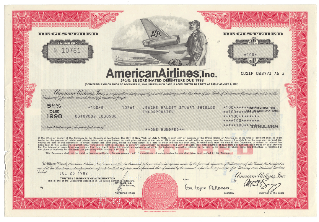 An antique collectible bond certificate from American Airlines, Inc., dated July 23, 1982.