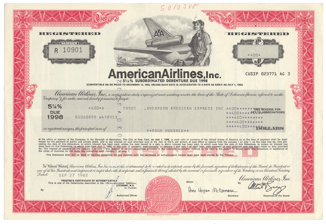 An antique collectible bond certificate from American Airlines Inc., dated 1982