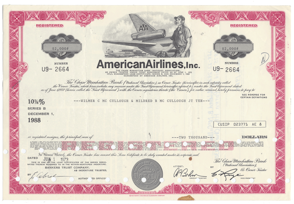 American Airlines bond certificate with vintage design and airplane illustration
