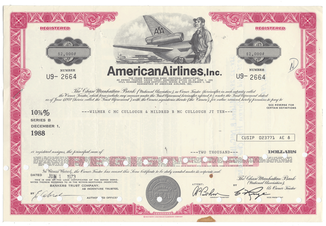 American Airlines bond certificate with vintage design and airplane illustration