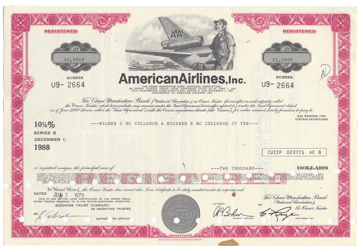 American Airlines bond certificate with vintage design and airplane illustration