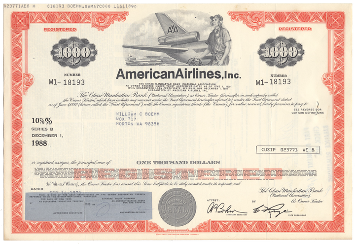 American Airlines, Inc. Bond Certificate