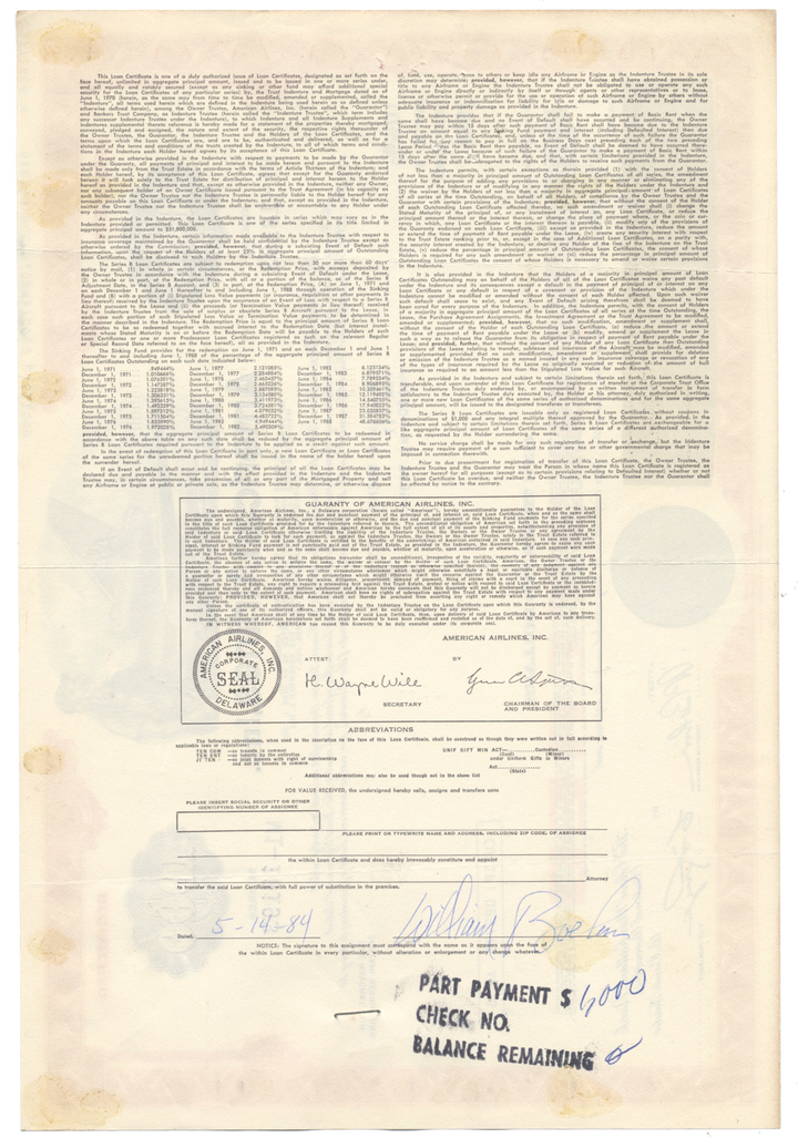 American Airlines, Inc. Bond Certificate