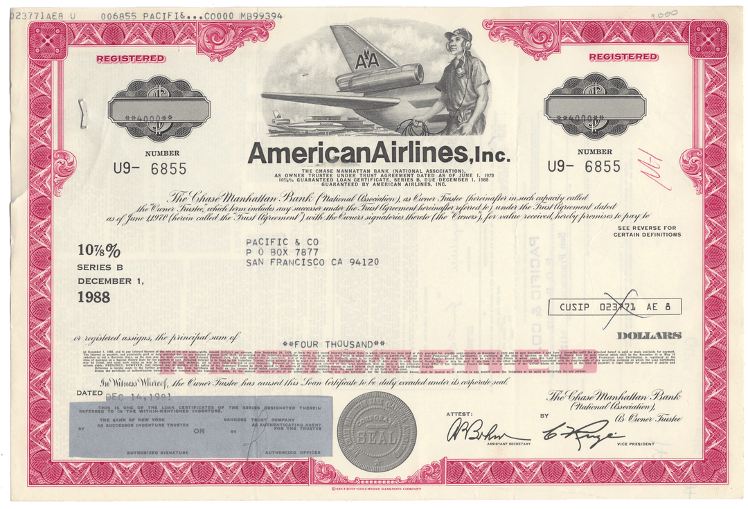 American Airlines bond certificate with airplane graphics.