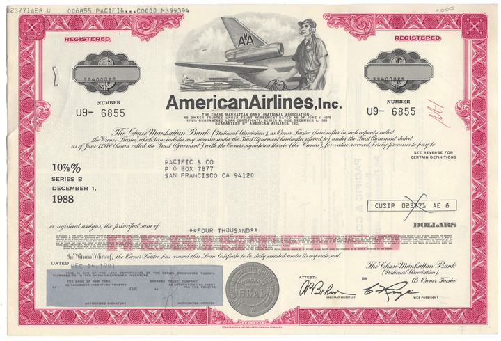 American Airlines bond certificate with airplane graphics.