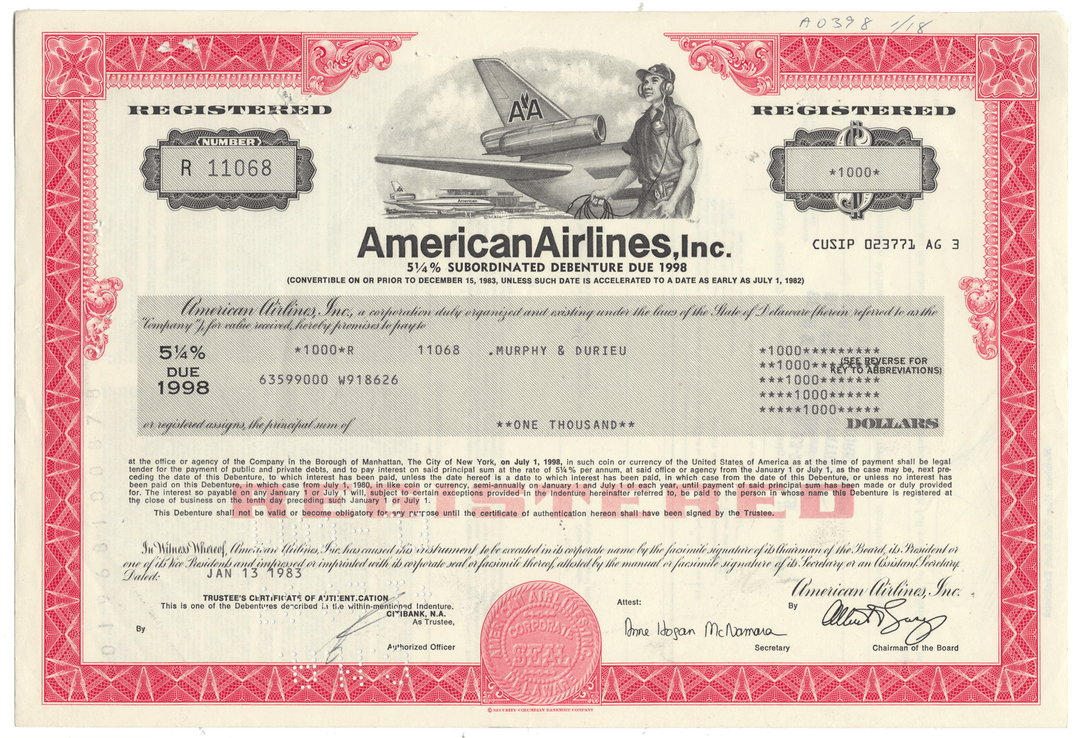 American Airlines bond certificate with airplane illustration