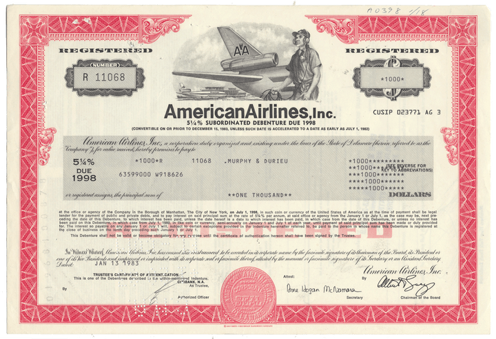 American Airlines bond certificate with airplane illustration