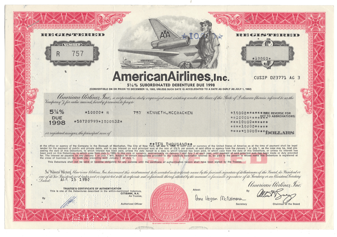 American Airlines bond certificate from 1980