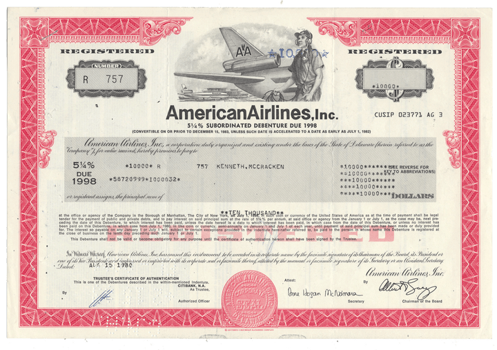 American Airlines bond certificate from 1980