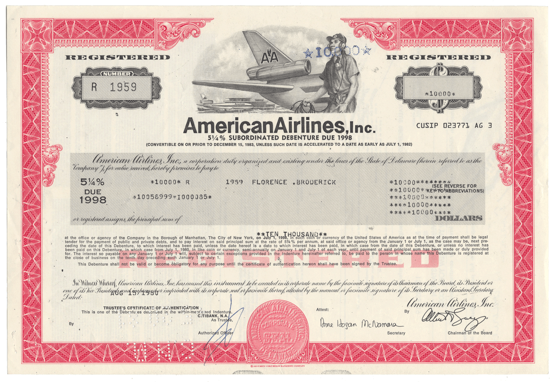 American Airlines Inc. bond certificate with red border and airplane illustration