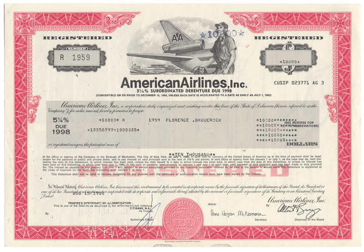 American Airlines Inc. bond certificate with red border and airplane illustration