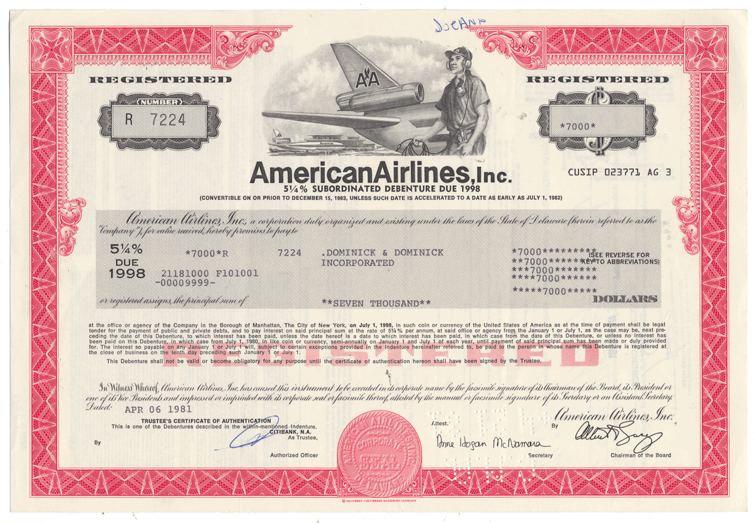 American Airlines bond certificate with red border and airplane illustration