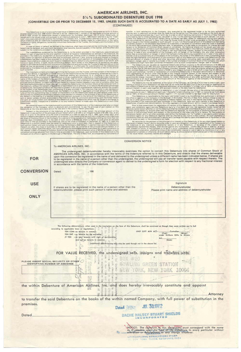 American Airlines, Inc. Bond Certificate