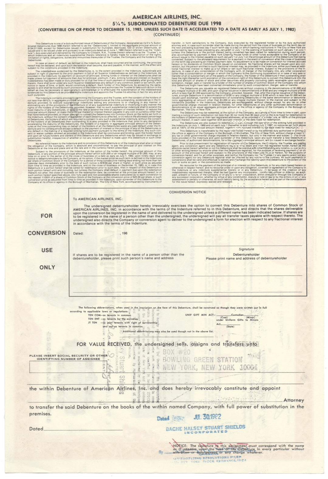 American Airlines, Inc. Bond Certificate