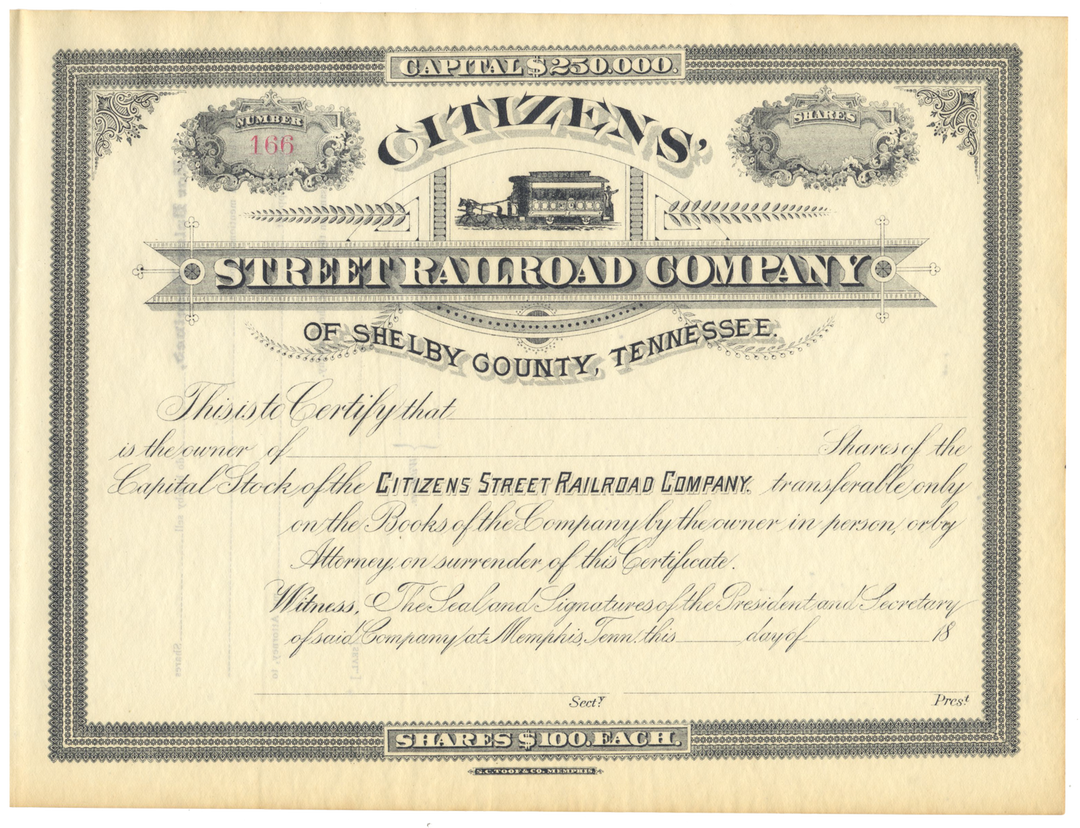 Citizens' Street Railroad Company of Shelby County, Tennessee Stock Certificate