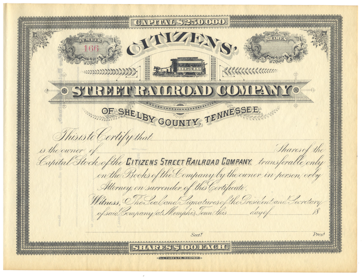 Citizens' Street Railroad Company of Shelby County, Tennessee Stock Certificate