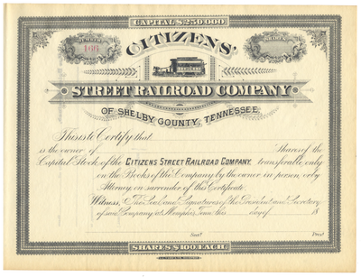 Citizens' Street Railroad Company of Shelby County, Tennessee Stock Certificate