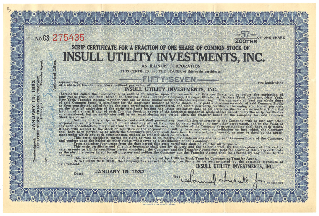 Insull Utility Investments, Inc. Stock Certificate