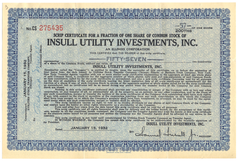 Insull Utility Investments, Inc. Stock Certificate