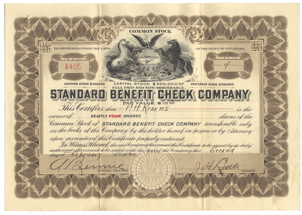 Vintage stock certificate from the Standard Benefit Check Company with decorative elements.