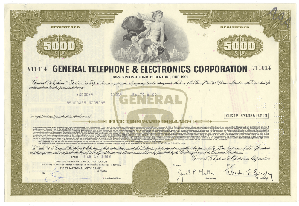Vintage bond certificate of General Telephone & Electronics Corporation with decorative elements.