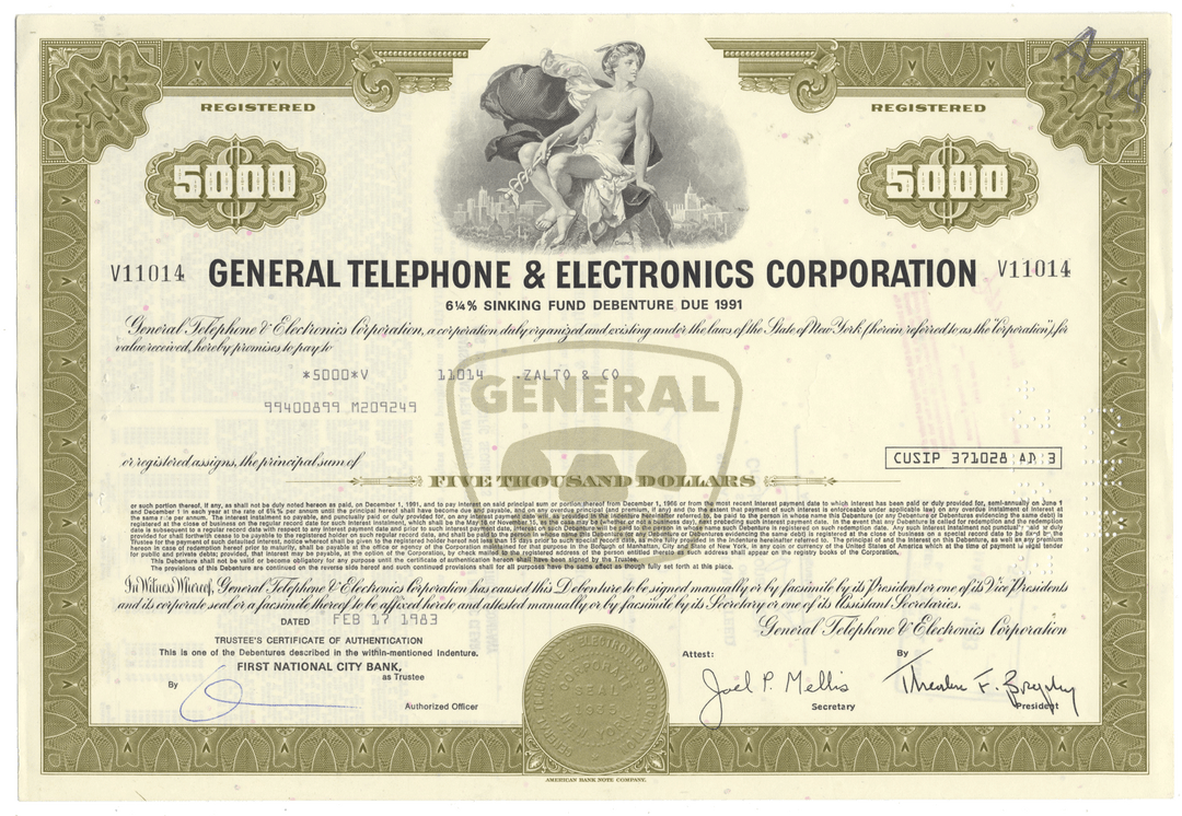 Vintage bond certificate of General Telephone & Electronics Corporation with decorative elements.