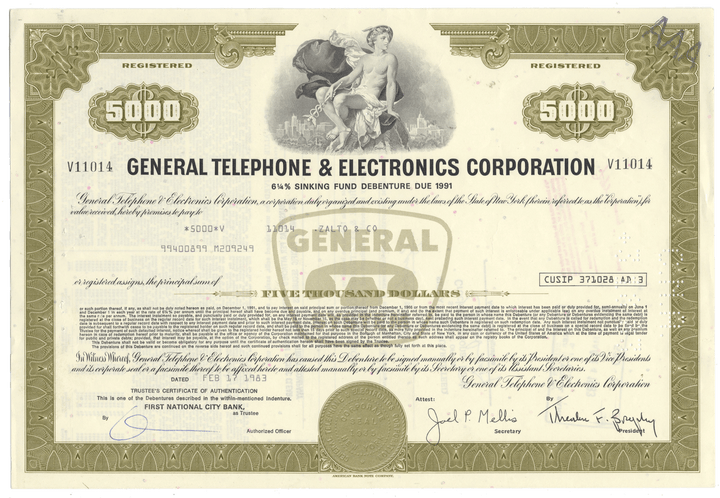 Vintage bond certificate of General Telephone & Electronics Corporation with decorative elements.