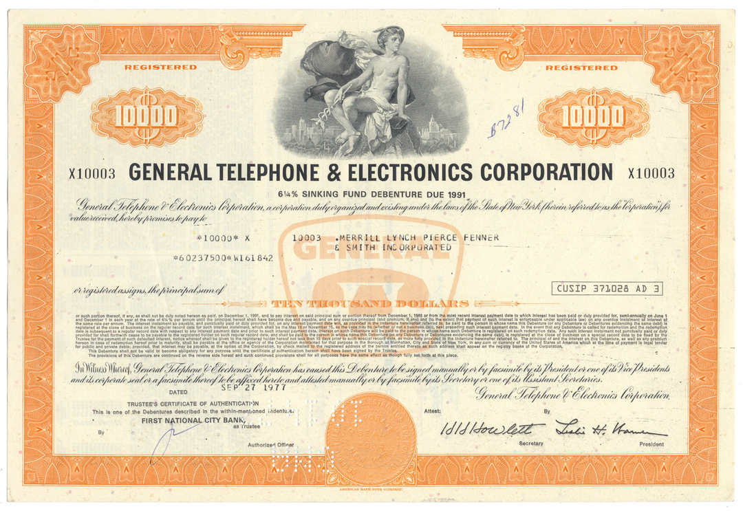 General Telephone & Electronics Corporation Bond Certificate