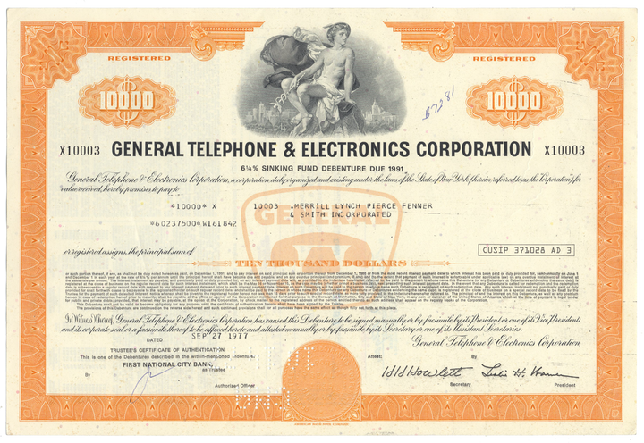 General Telephone & Electronics Corporation Bond Certificate