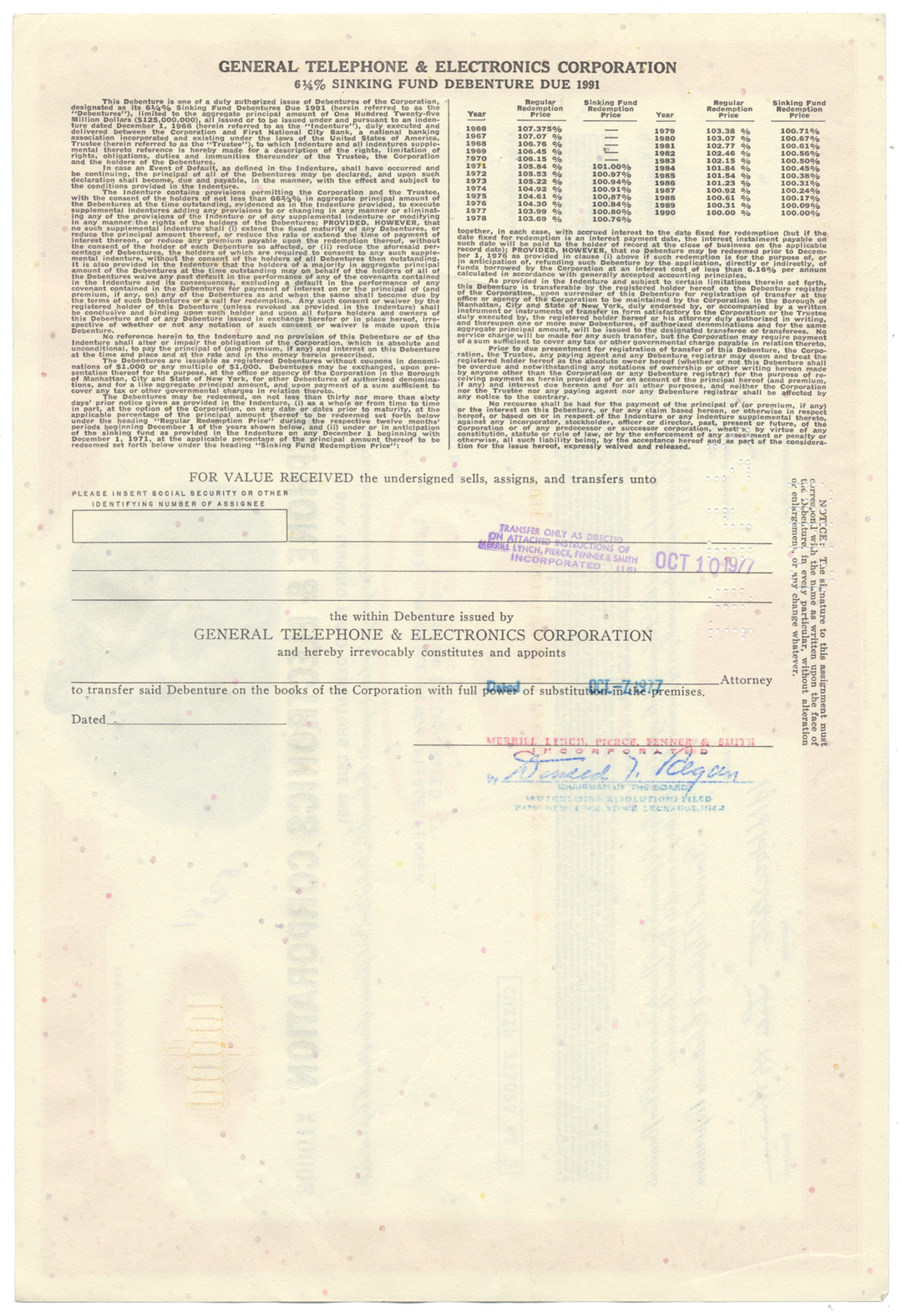 General Telephone & Electronics Corporation Bond Certificate