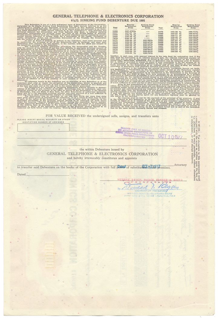 General Telephone & Electronics Corporation Bond Certificate