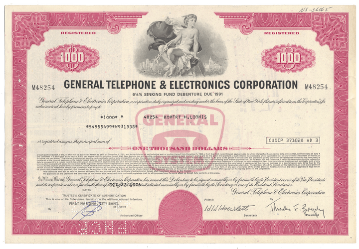 Vintage bond certificate from General Telephone & Electronics Corporation with decorative elements.