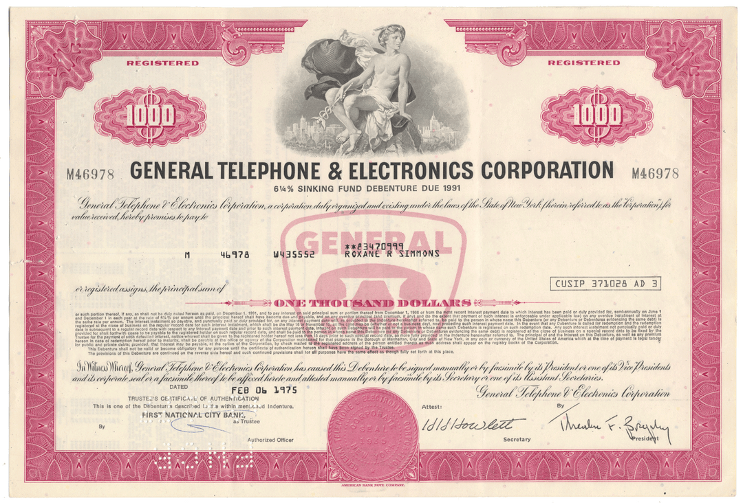 Vintage stock certificate of General Telephone & Electronics Corporation