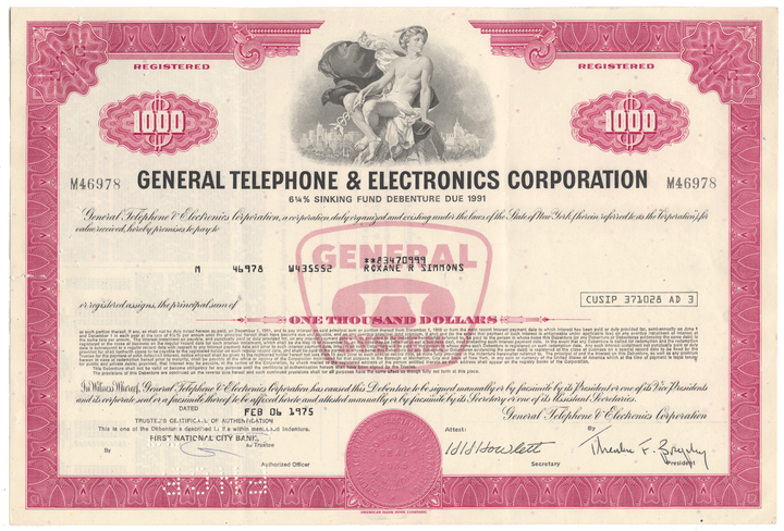 Vintage stock certificate of General Telephone & Electronics Corporation