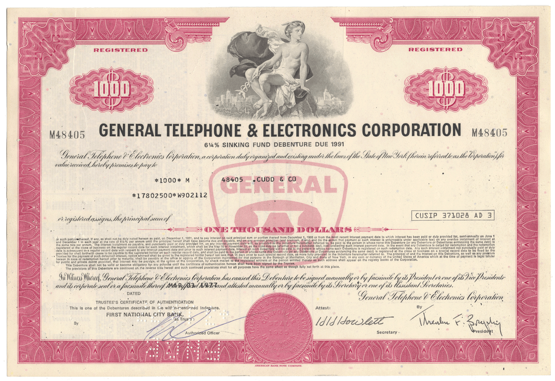 General Telephone & Electronics Corporation Bond Certificate