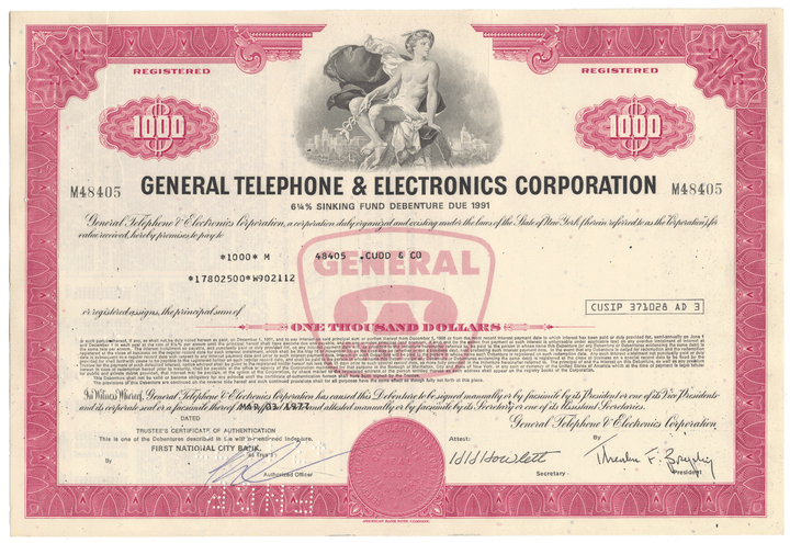 General Telephone & Electronics Corporation Bond Certificate