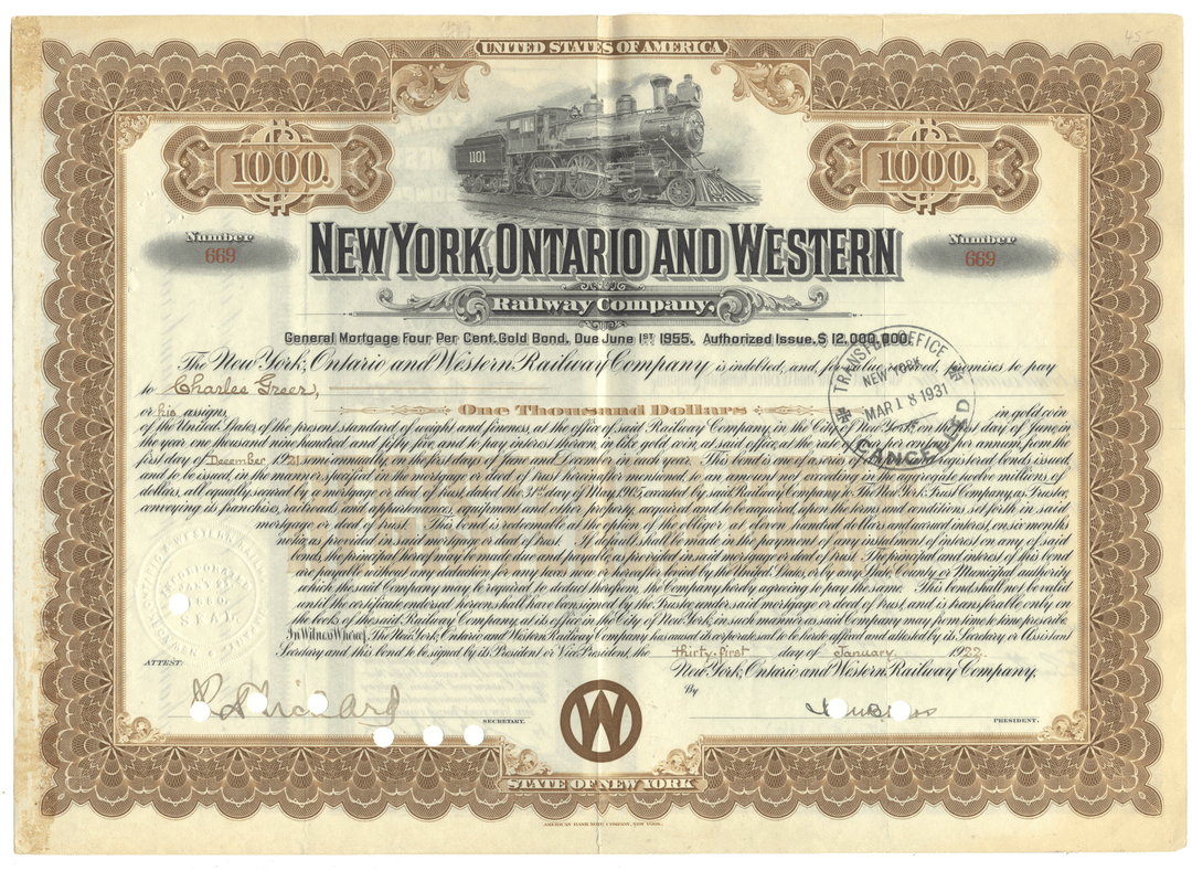 Vintage bond certificate of New York Ontario and Western Railway Company with train illustration.