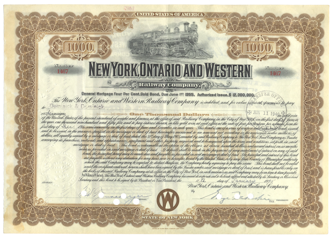 New York, Ontario and Western Railway Company Bond Certificate