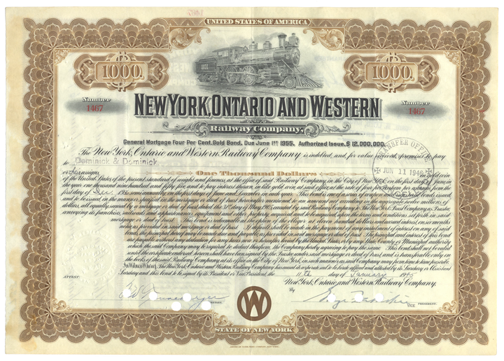 New York, Ontario and Western Railway Company Bond Certificate