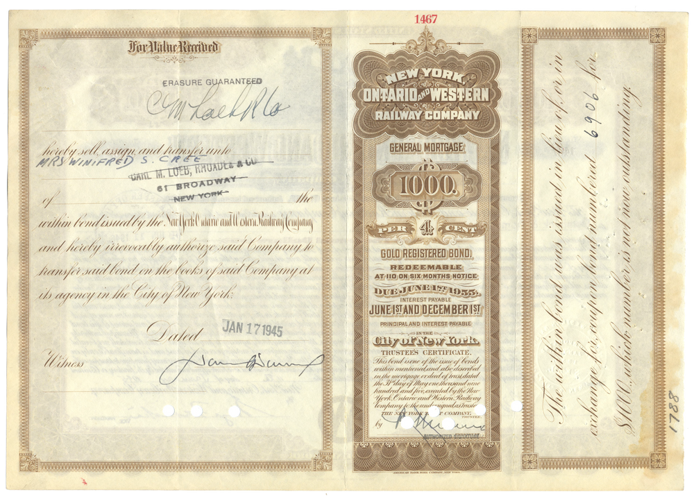 New York, Ontario and Western Railway Company Bond Certificate