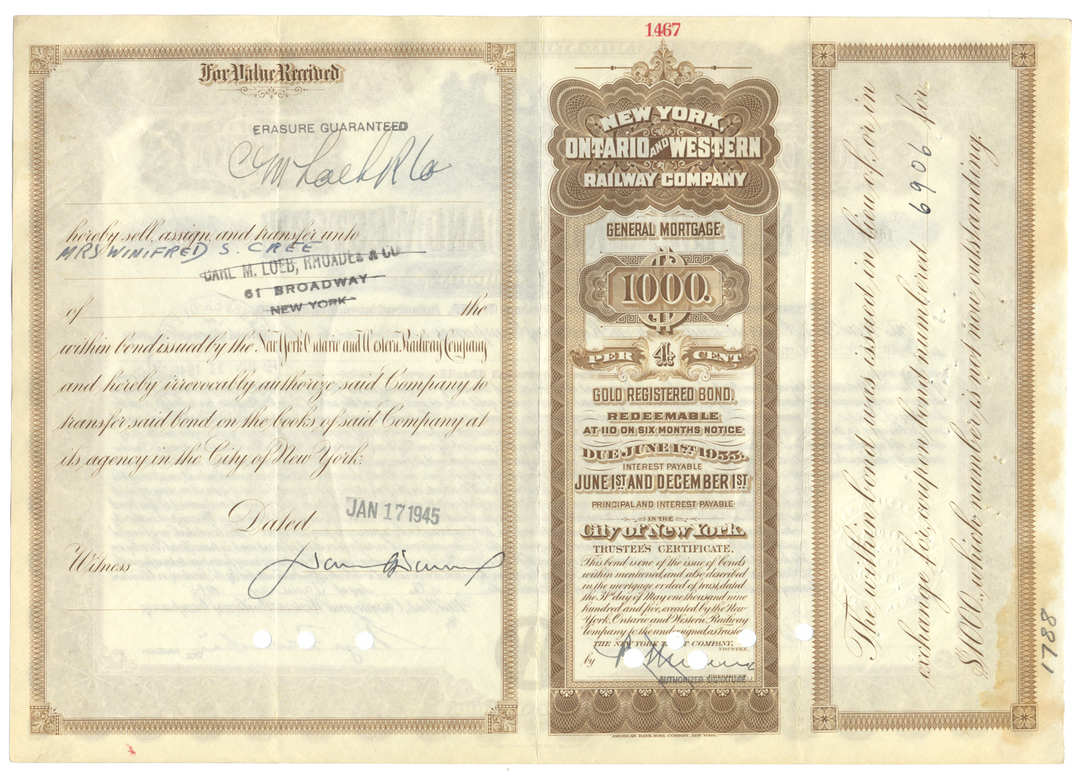 New York, Ontario and Western Railway Company Bond Certificate