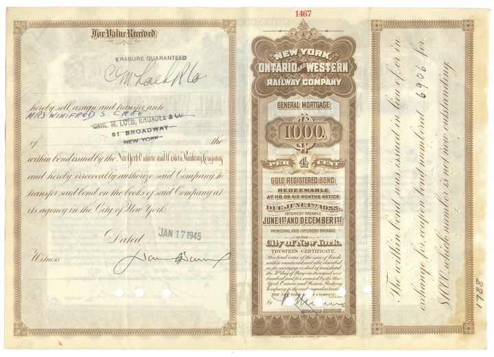 New York, Ontario and Western Railway Company Bond Certificate