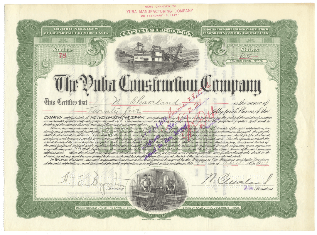 Yuba Construction Company Stock Certificate