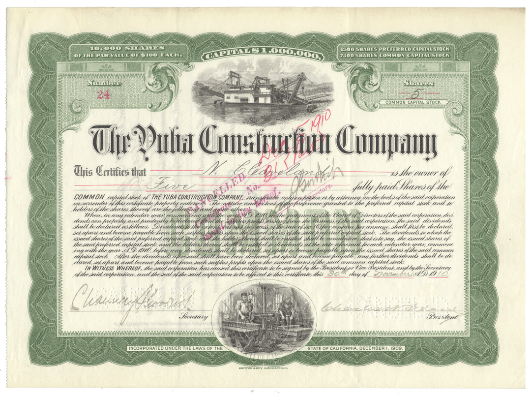 Vintage stock certificate of the Yuba Construction Company with green border and text.