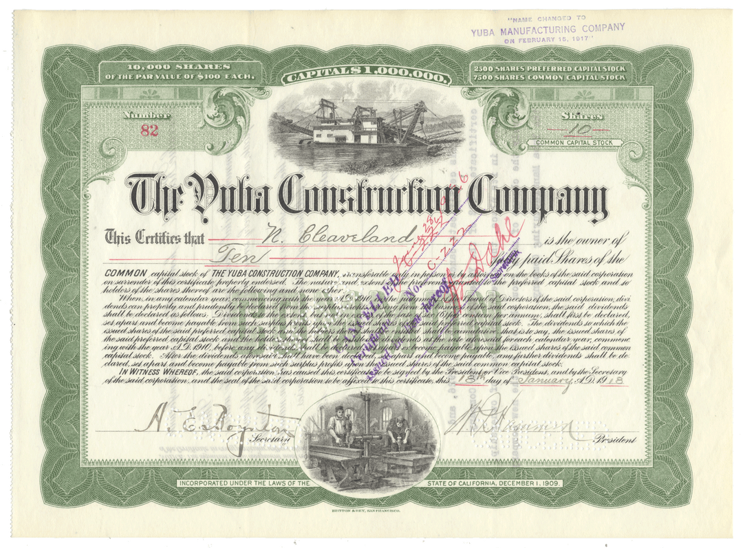 Yuba Construction Company stock certificate from 1910