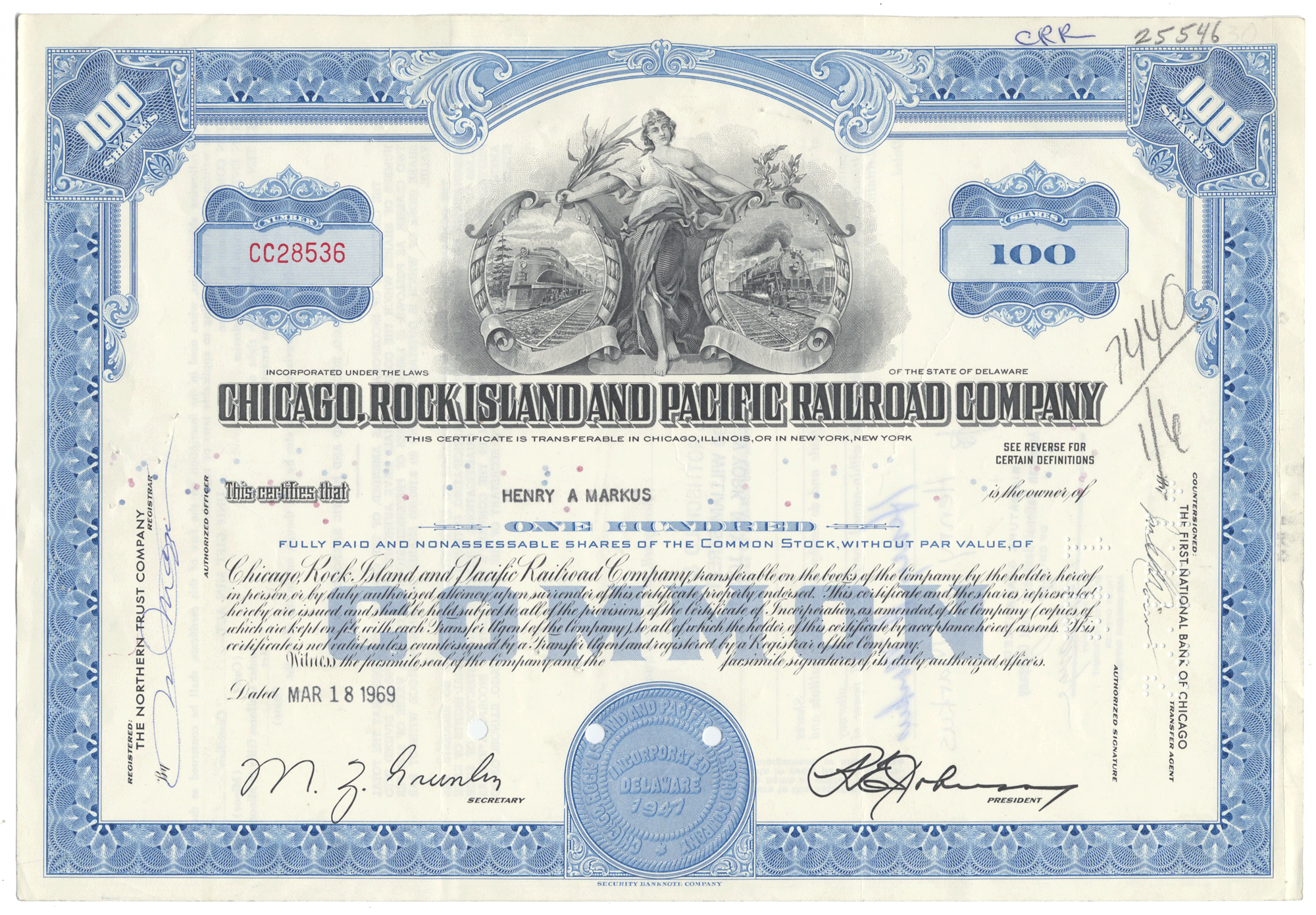 Chicago, Rock Island and Pacific Railroad Company Stock Certificate