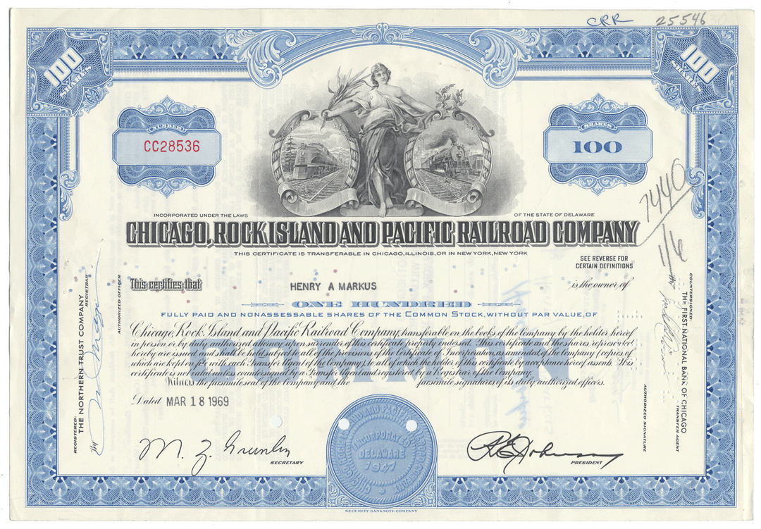 Chicago, Rock Island and Pacific Railroad Company Stock Certificate