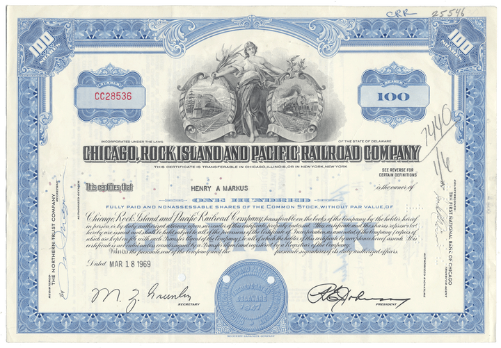 Chicago, Rock Island and Pacific Railroad Company Stock Certificate