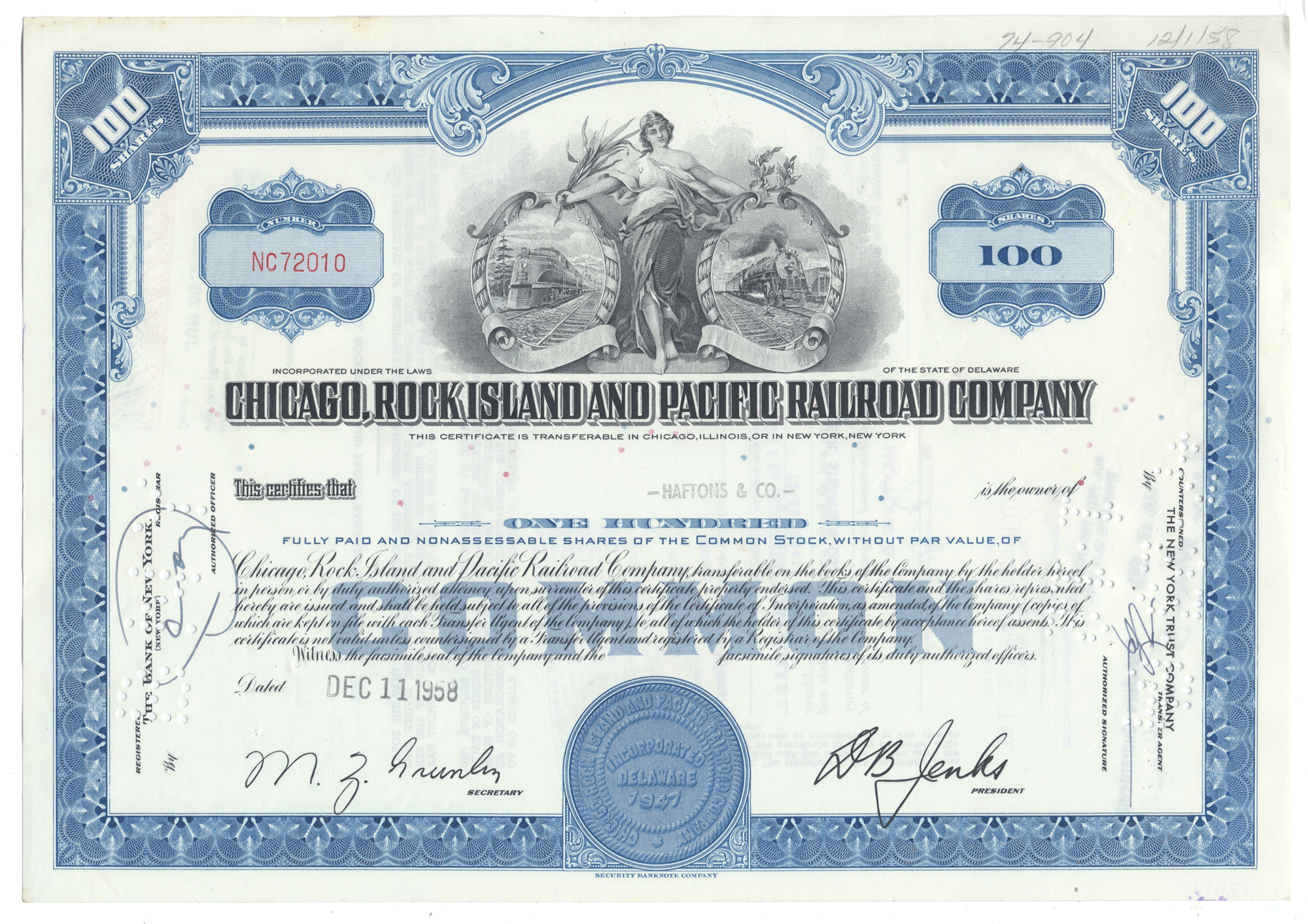Vintage stock certificate of the Chicago, Rock Island and Pacific Railroad Company with decorative elements from 1958
